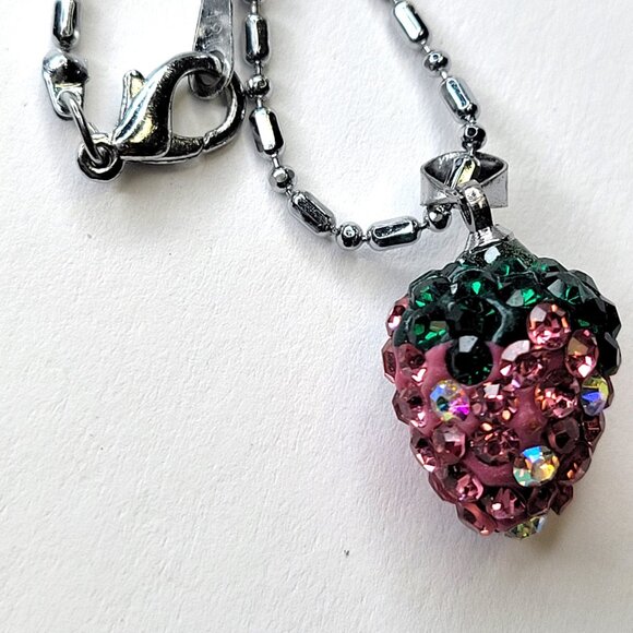 Rose Pink Strawberry Pendant 925 Silver on a 18K Silver Chain - Picture 3 of 14